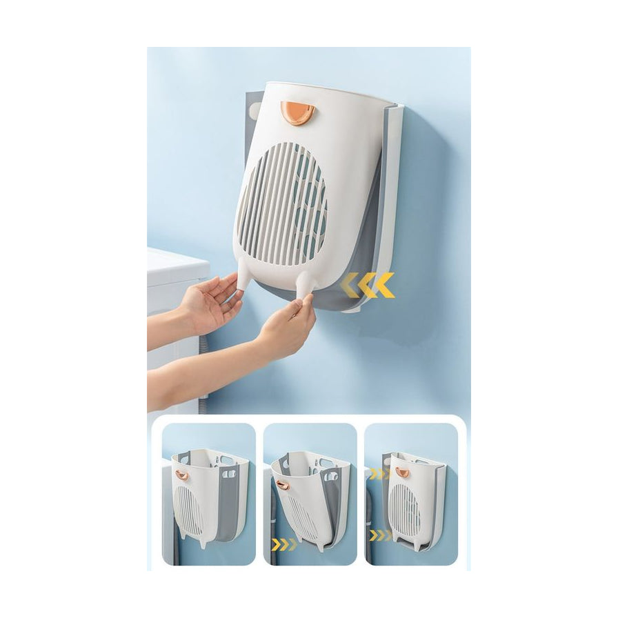 双手演示将壁挂式脏衣篮从展开状态折叠压扁的过程，底部展示三种不同角度的收纳效果。