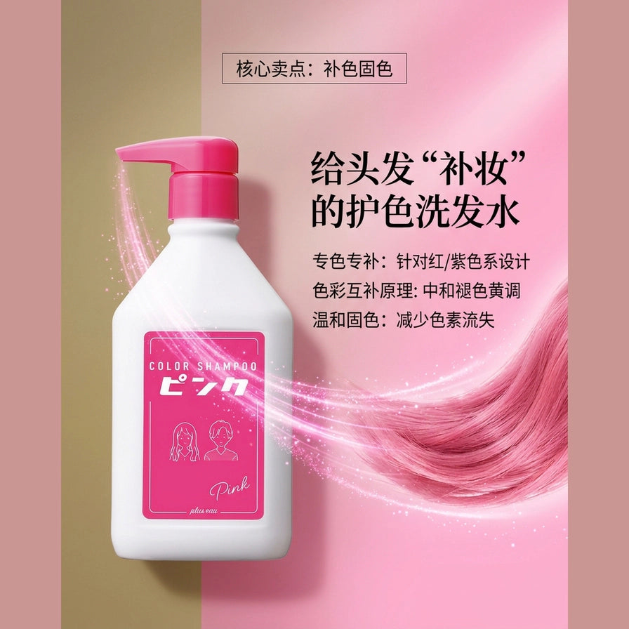红色系护色洗发水营销海报，包含中文卖点说明及粉色发丝补色效果演示。