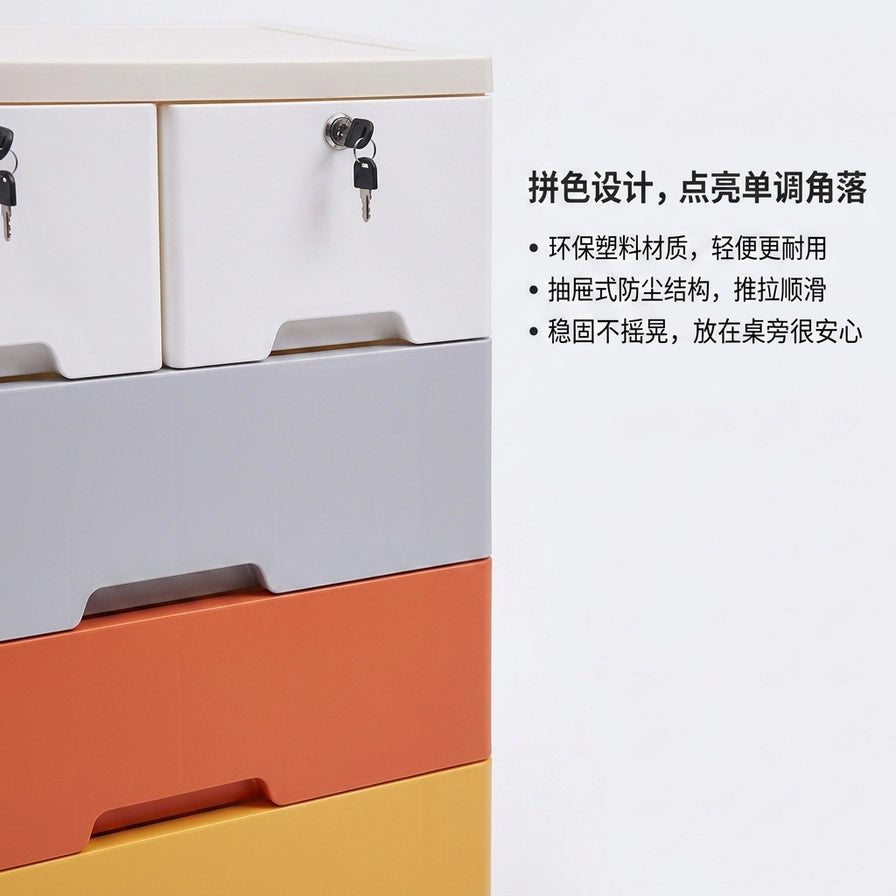 收纳柜局部特写图，展示顶部带锁抽屉细节，右侧配有中文列表说明拼色设计、环保材质及稳固防尘特点。