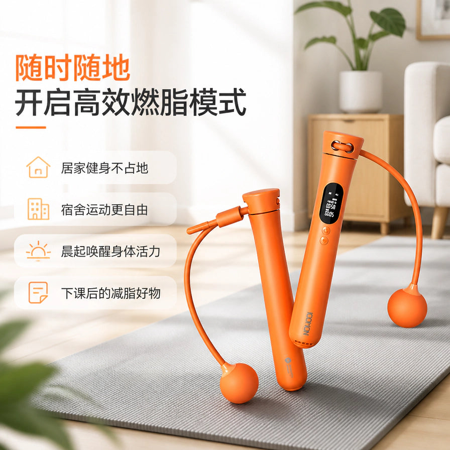 COMON 智能计数跳绳在室内瑜伽垫上的使用场景图，配有中文运动场景说明。