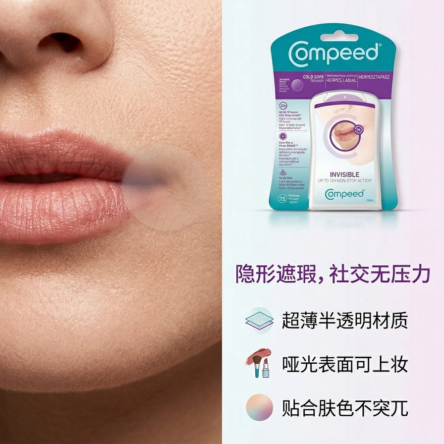 模特唇部使用 Compeed 隐形贴的特写，展示其超薄半透明、贴合肤色且可上妆的隐形遮瑕效果，右侧配有中文卖点说明。