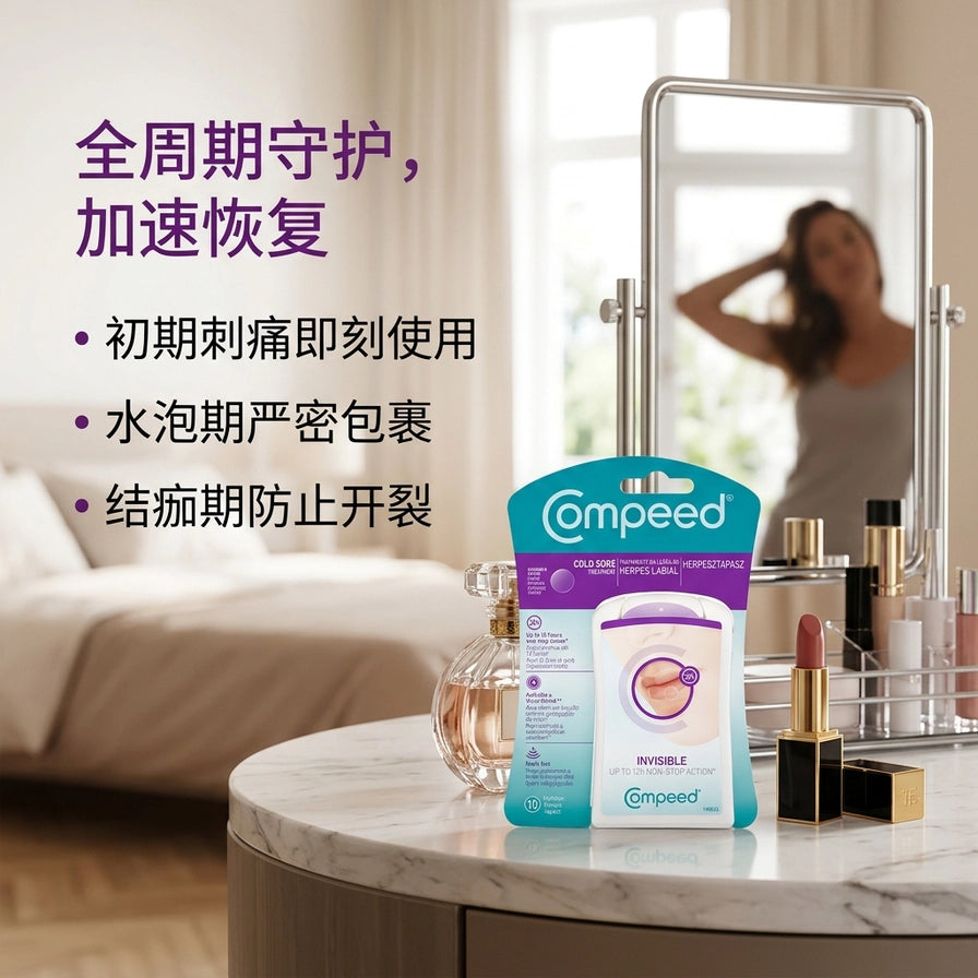 在梳妆台背景下的 Compeed 唇疱疹贴，左侧配有中文文字说明其适用于初期刺痛、水泡期及结痂期等全周期守护功能。