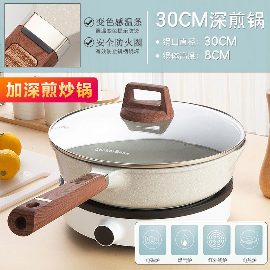 CookerBene 30cm 深煎炒锅，展示变色感温条和安全防火圈设计，适用于电磁炉、燃气炉等多种炉灶。