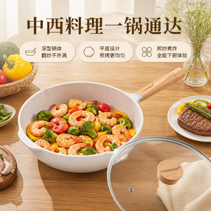 Cookerbene 炒锅在厨房场景中烹饪虾仁西兰花，上方配有中文标题：中西料理一锅通达，展示其深型锅体与多功能用途。