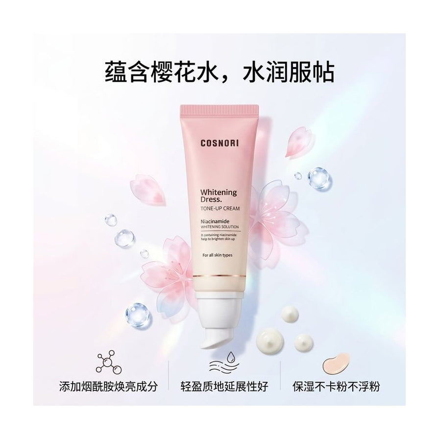 素颜霜成分宣传图，包含樱花花瓣与水珠元素，底部配有中文功效图标说明。