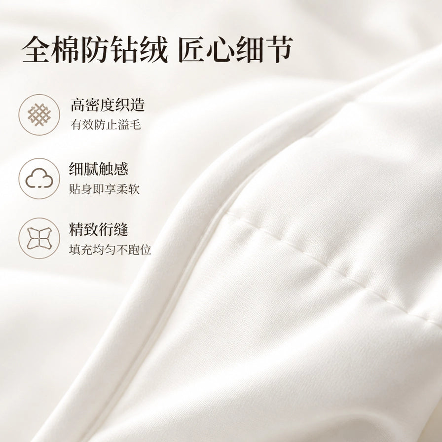 羊毛被面料近距离特写，展示全棉防钻绒高密度织造工艺和精致缝线细节。