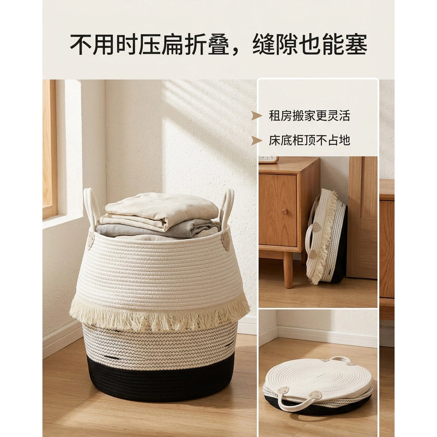 展示脏衣篮折叠收纳功能的拼图，包含装满衣物、侧立放置及压扁后的形态，配有中文说明文字。