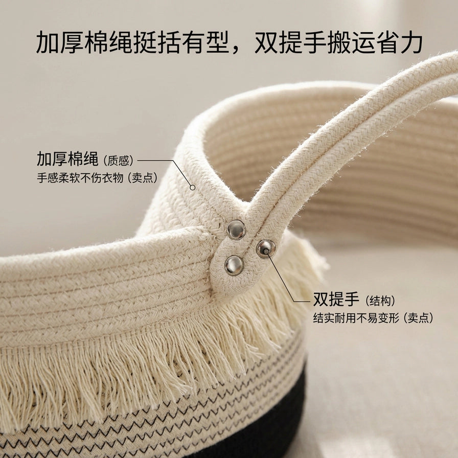 脏衣篮细节特写图，展示加厚棉绳材质与金属铆钉固定的双提手结构，配有中文标注。