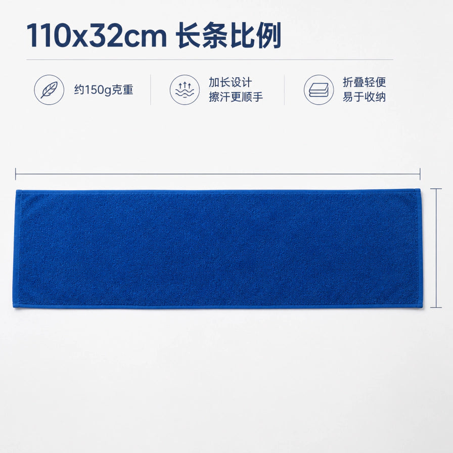 深蓝色运动毛巾的全长平铺展示图，上方标有110x32cm长条比例，并列出约150g克重、加长设计和折叠轻便的卖点。