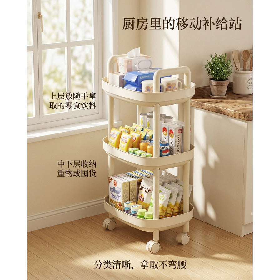 厨房场景中的三层置物架，窗边放置，图片包含中文说明文字展示分层收纳功能。