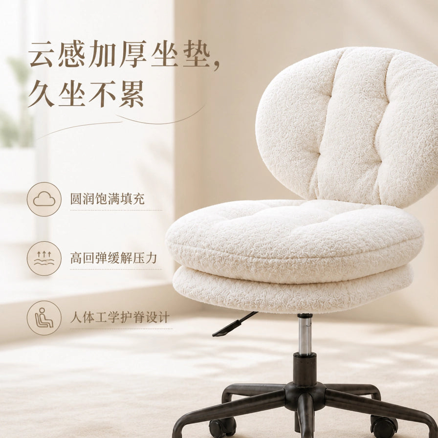 奶油白布艺旋转办公椅卖点图，画面展示加厚坐垫、人体工学护脊设计和静音滑轮，左侧有中文说明