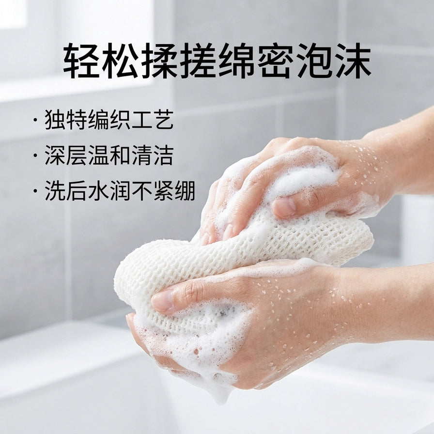 双手揉搓 Curel 珂润沐浴巾产生绵密泡沫的特写，背景为浴室环境，配有轻松揉搓绵密泡沫等中文卖点文字。