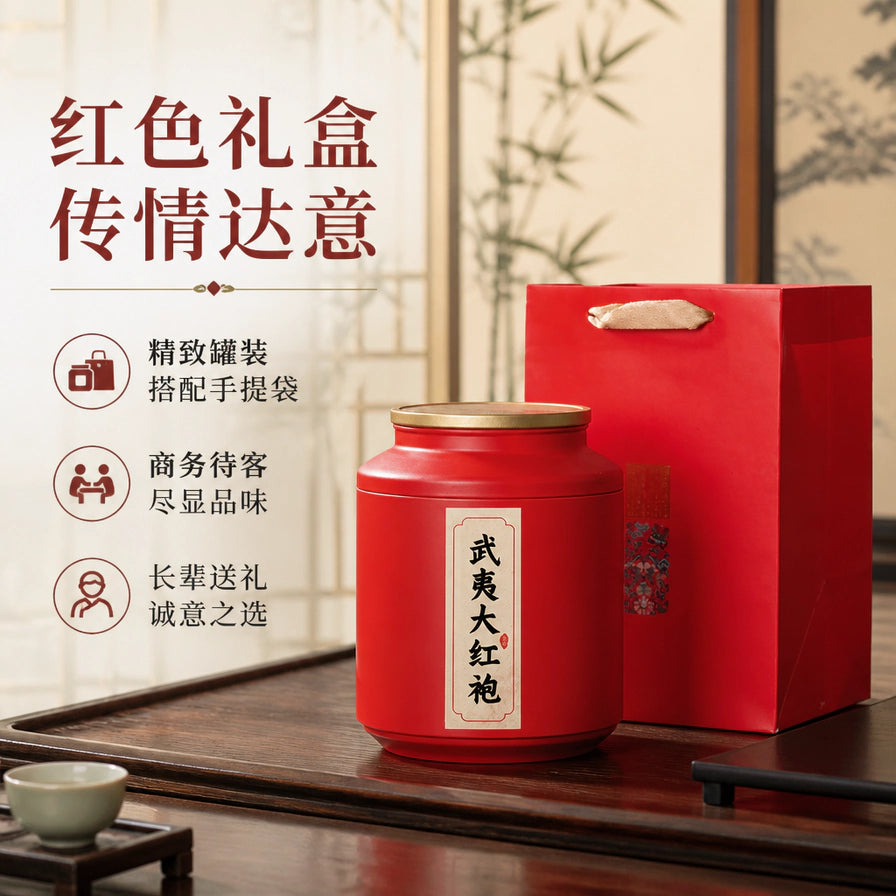 室内茶室场景中的大红袍红色礼盒，标注适合商务待客与长辈送礼