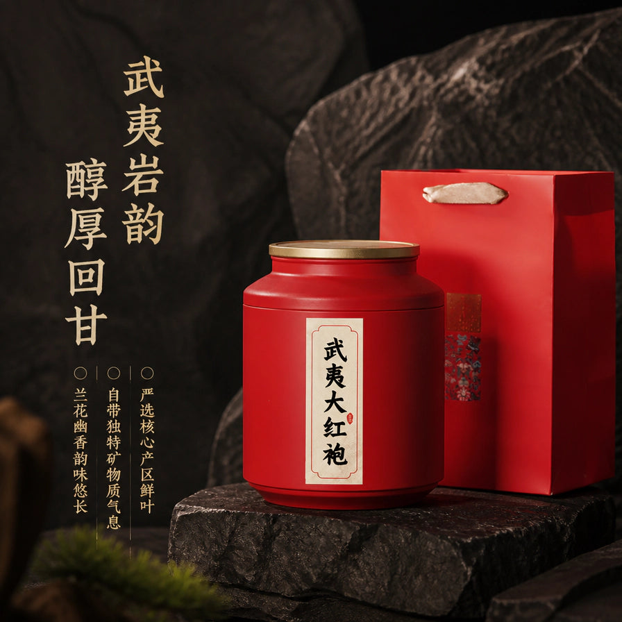 放置在岩石背景上的大红袍茶叶罐，配有武夷岩韵、醇厚回甘等卖点文字