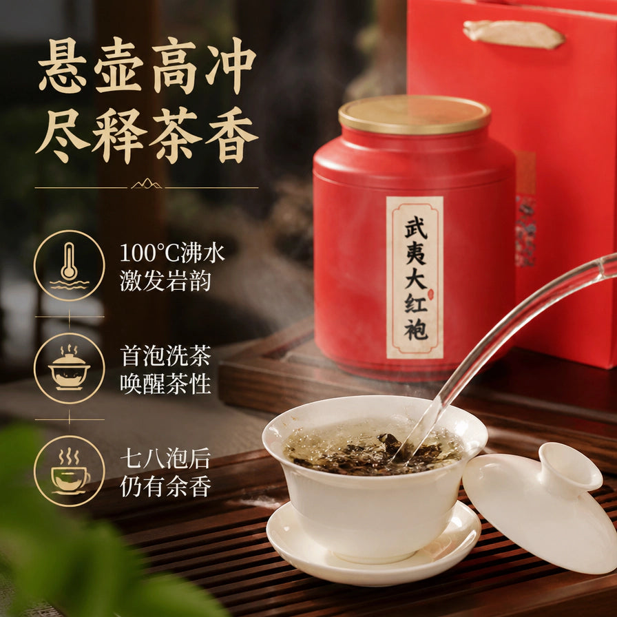 正在冲泡中的大红袍茶汤，展示悬壶高冲与耐泡余香的冲泡建议