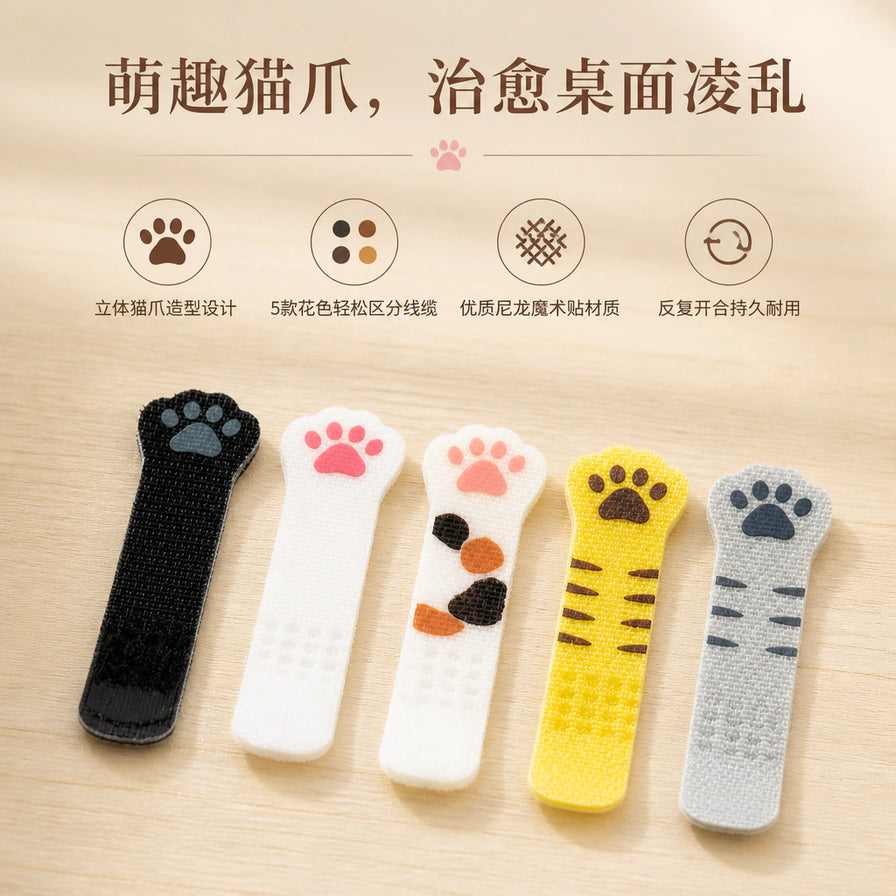 五款不同花色的猫爪造型魔术贴理线带整齐排列，上方带有中文卖点说明。