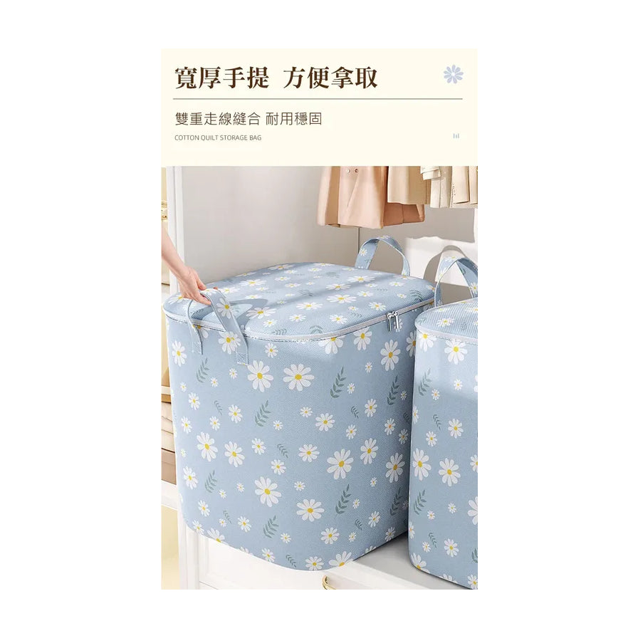 收纳箱使用场景图，顶部带有宽厚手提方便拿取及双重走线缝合耐用稳固的中文说明文字。