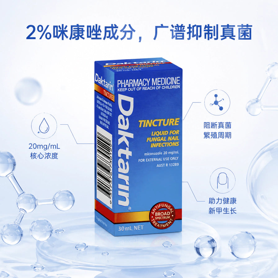 Daktarin 灰指甲治疗液卖点图，中央为包装盒，周围有中文说明如“2%咪康唑成分”“阻断真菌”等