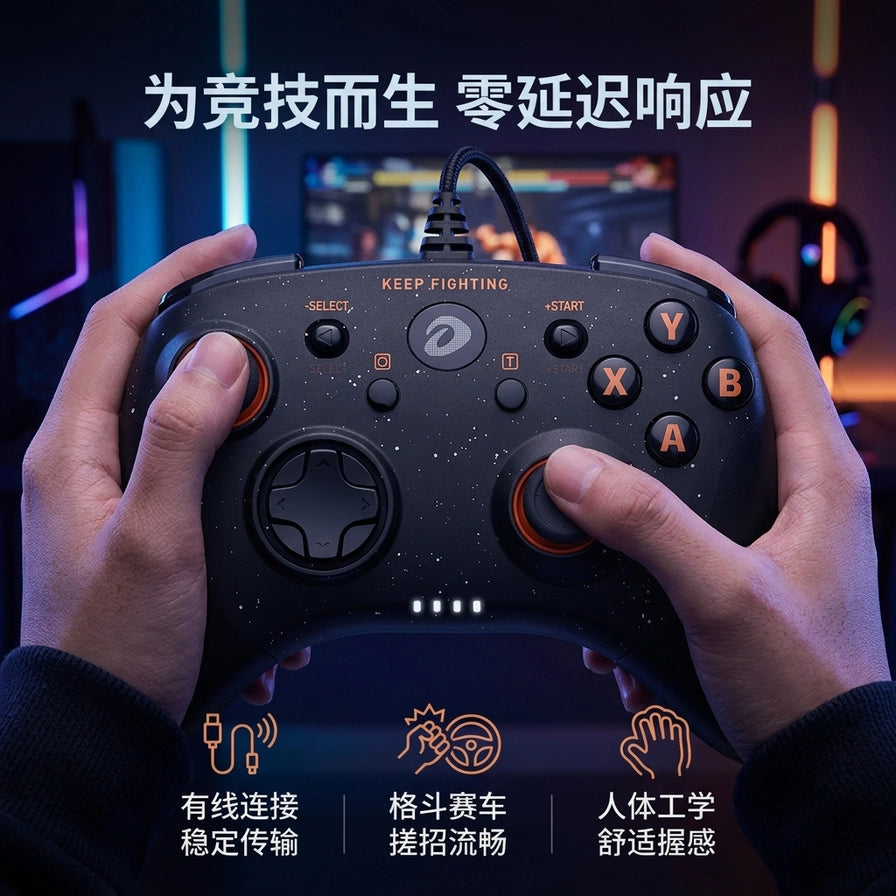 双手握持达尔优星空黑手柄的游戏实拍场景，展示人体工学设计与零延迟响应卖点。