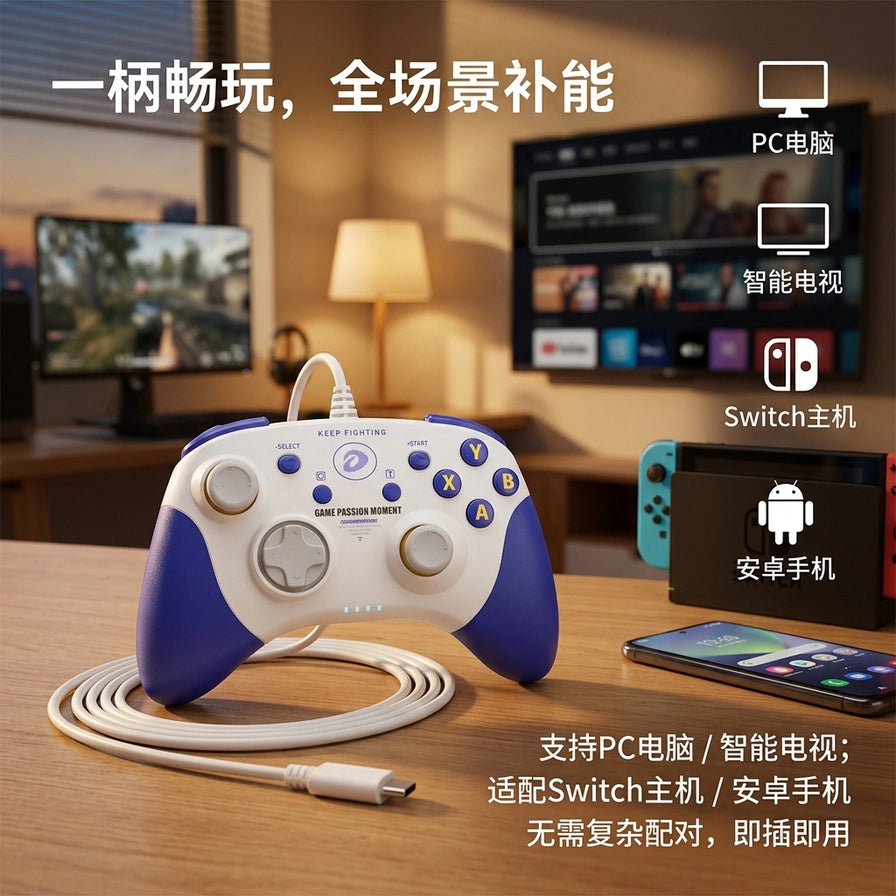 达尔优游戏手柄放置在桌面，背景显示兼容PC电脑、智能电视、Switch主机和安卓手机的图标。