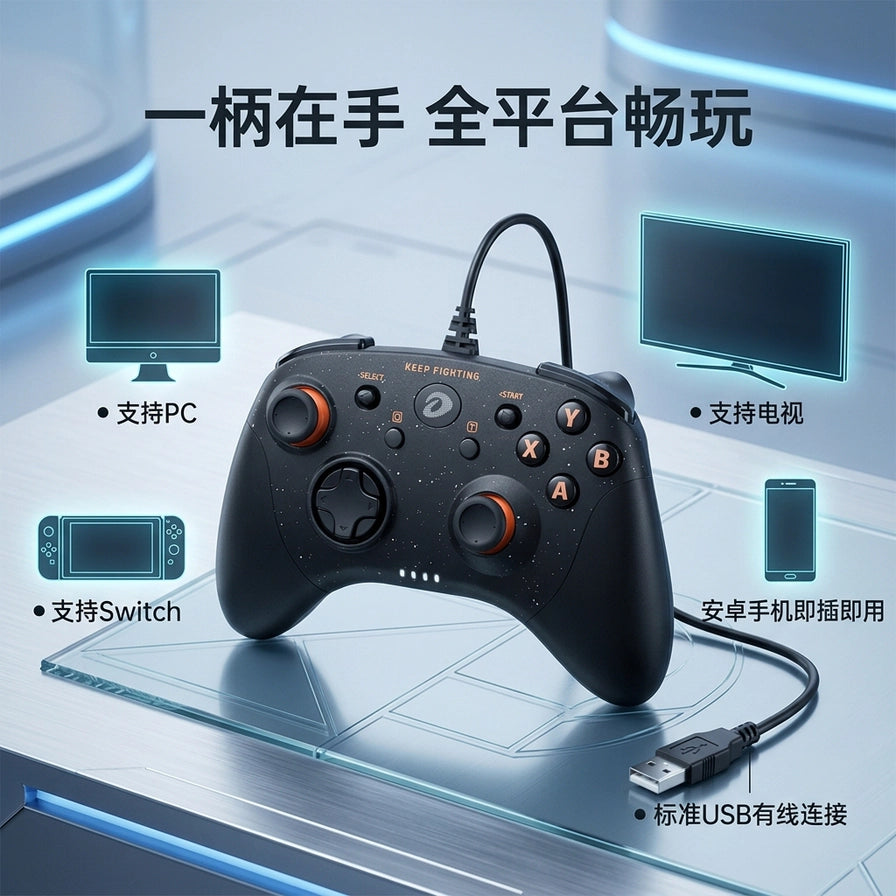 达尔优有线手柄多平台兼容示意图，展示连接PC、电视、Switch和手机的场景，配有标准USB有线连接说明。