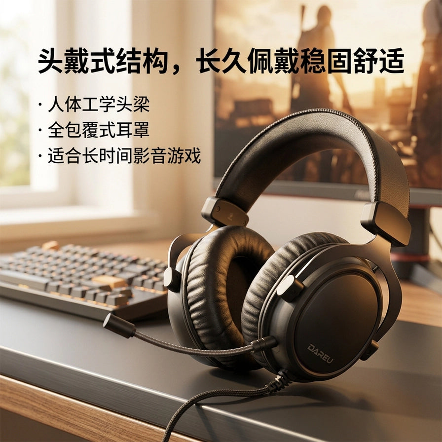 达尔优 EH925 电竞耳机放置在电脑桌上的场景图，上方配有中文说明文字：头戴式结构，长久佩戴稳固舒适。