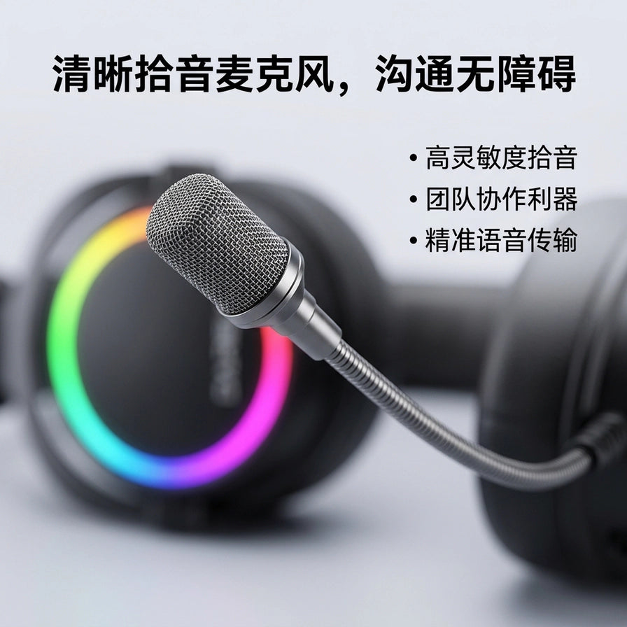 达尔优 EH925 电竞耳机麦克风特写，背景为模糊的 RGB 耳罩，上方配有中文说明文字：清晰拾音麦克风，沟通无障碍。