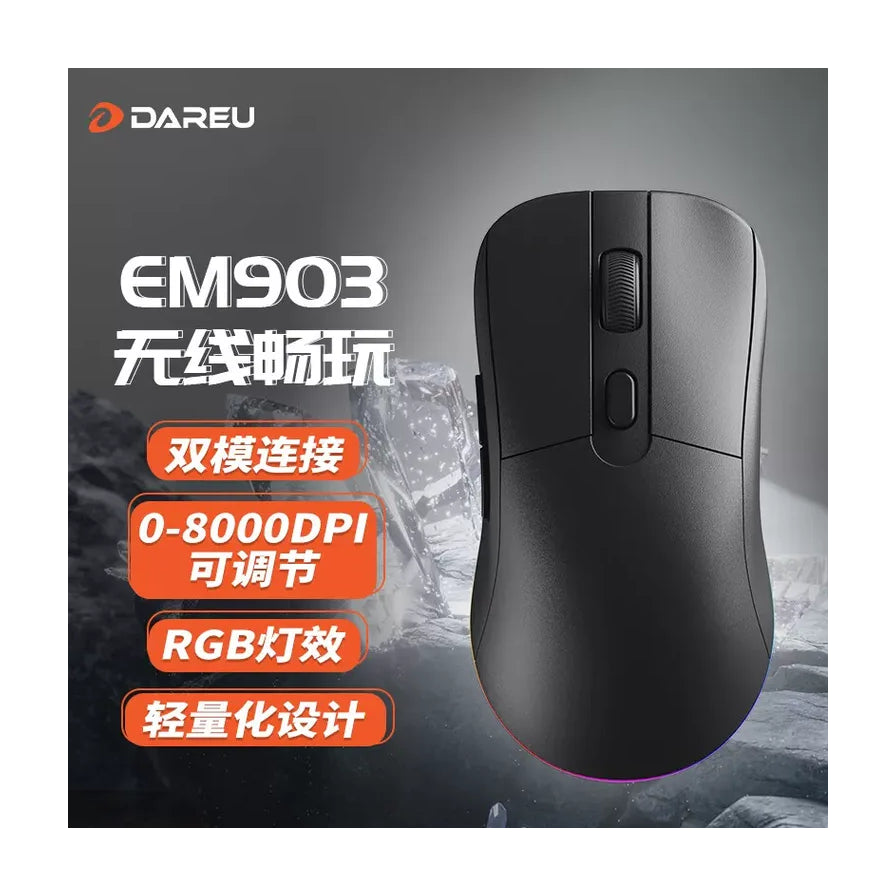 达尔优 EM903 无线电竞鼠标宣传图，展示双模连接、RGB 灯效及轻量化设计卖点，背景为冰山质感元素。