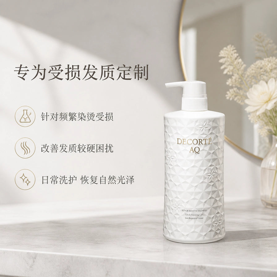 黛珂 AQ 修护柔顺洗发水在洗漱台上的生活化场景图，左侧文字说明其专为受损发质定制，适合频繁染烫发质。