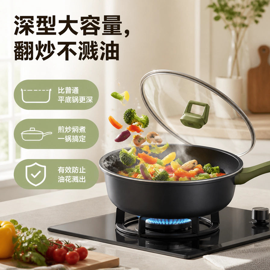 正在燃气灶上翻炒蔬菜的深型大容量炒锅，展示不溅油卖点。