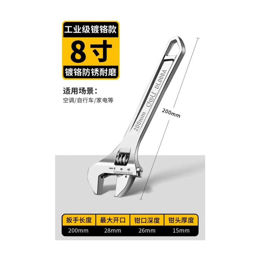 得力8寸活口扳手规格详情图，标注长度200mm，最大开口28mm，包含工业级镀铬防锈卖点说明。