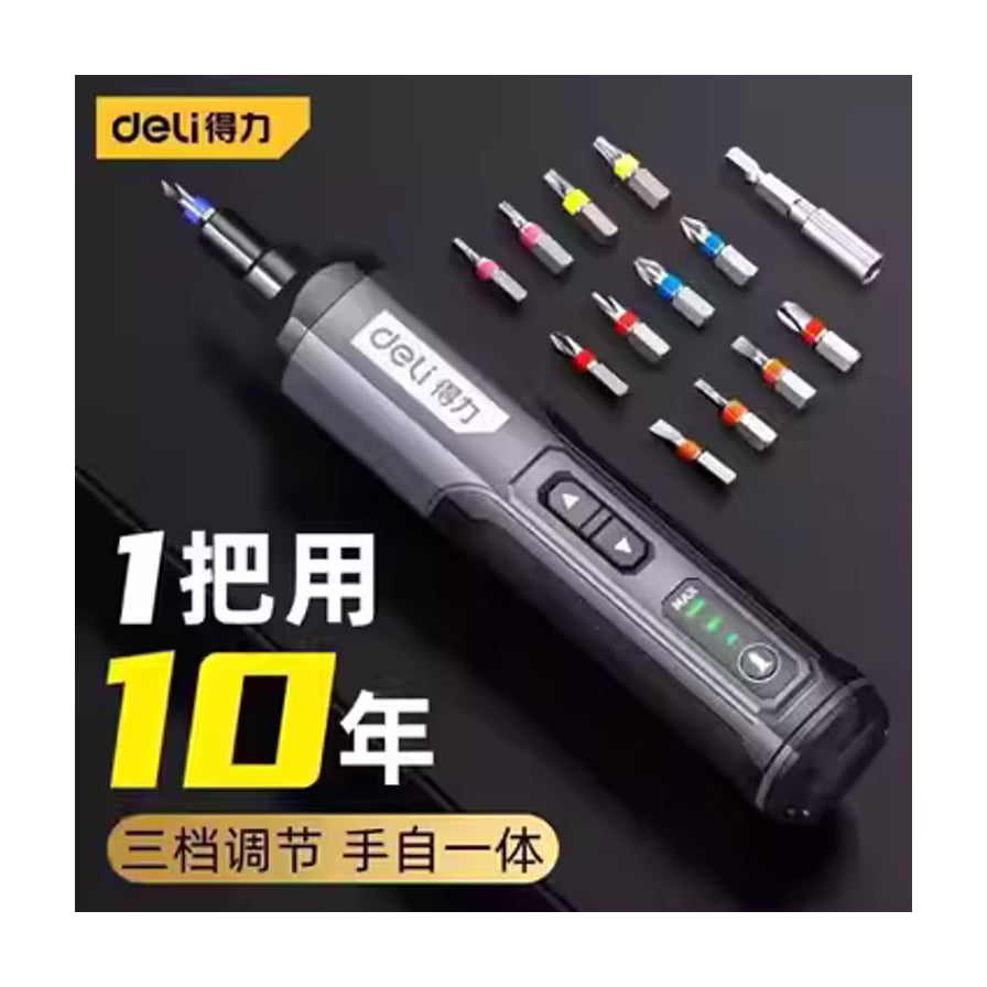 得力电动螺丝刀海报，带有1把用10年及三档调节手自一体中文字样，展示主机与多款彩色标记批头。