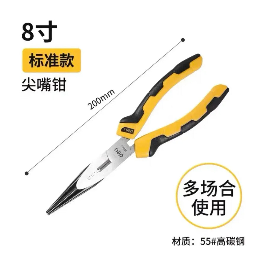得力 8寸标准款尖嘴钳海报，标注200mm长度、55号高碳钢材质及多场合使用卖点。