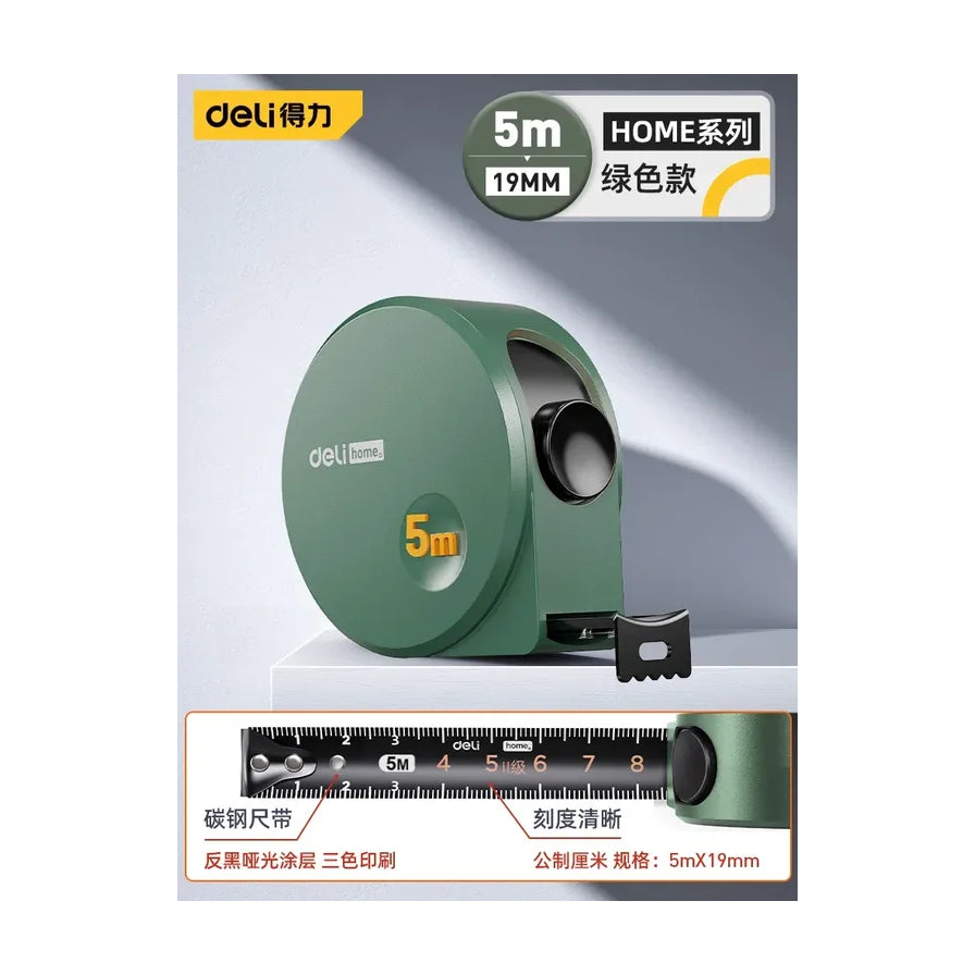 得力卷尺产品海报，包含 5m 19mm 规格说明，下方展示了碳钢尺带的细节，标注有反黑哑光涂层和刻度清晰等卖点。