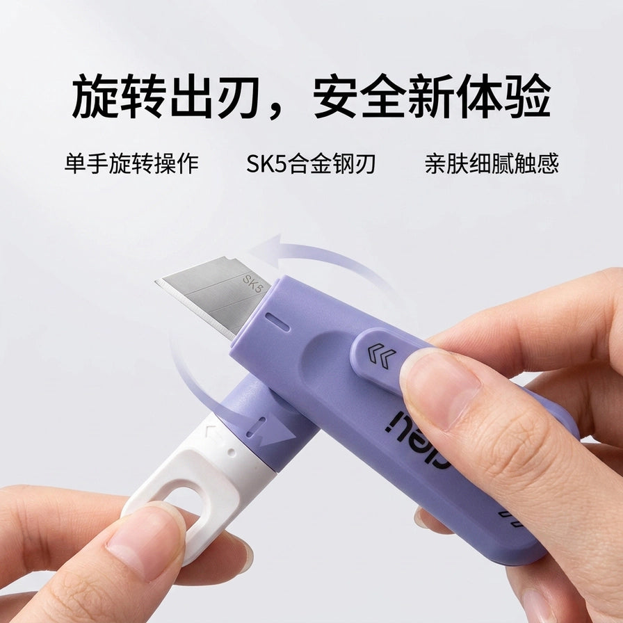 展示得力美工刀的旋转出刃功能，单手旋转即可露出 SK5 合金钢刀片，配有“旋转出刃，安全新体验”的中文卖点说明。