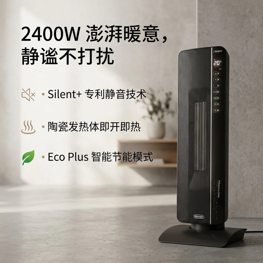 德龙电暖器宣传图，带有中文卖点：2400W 澎湃暖意、静谧不打扰、Silent+ 专利静音技术、陶瓷发热体即开即热、Eco Plus 智能节能模式。