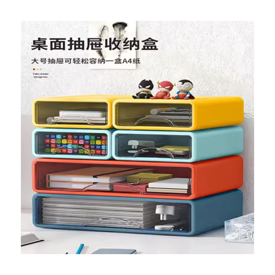 桌面抽屉收纳盒场景图，顶部摆放玩偶，图片上方有中文标题“桌面抽屉收纳盒”及卖点说明。
