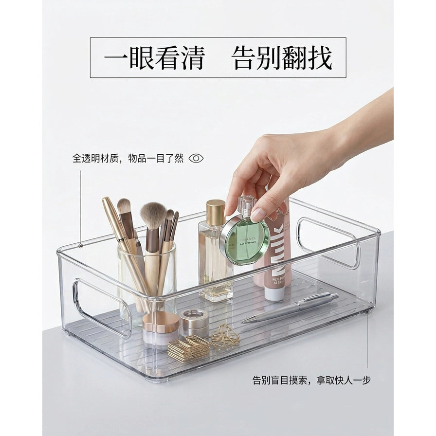 透明收纳盒卖点展示图，一只手正从盒中拿取绿色香水瓶，配文强调全透明材质让物品一目了然，告别盲目翻找。