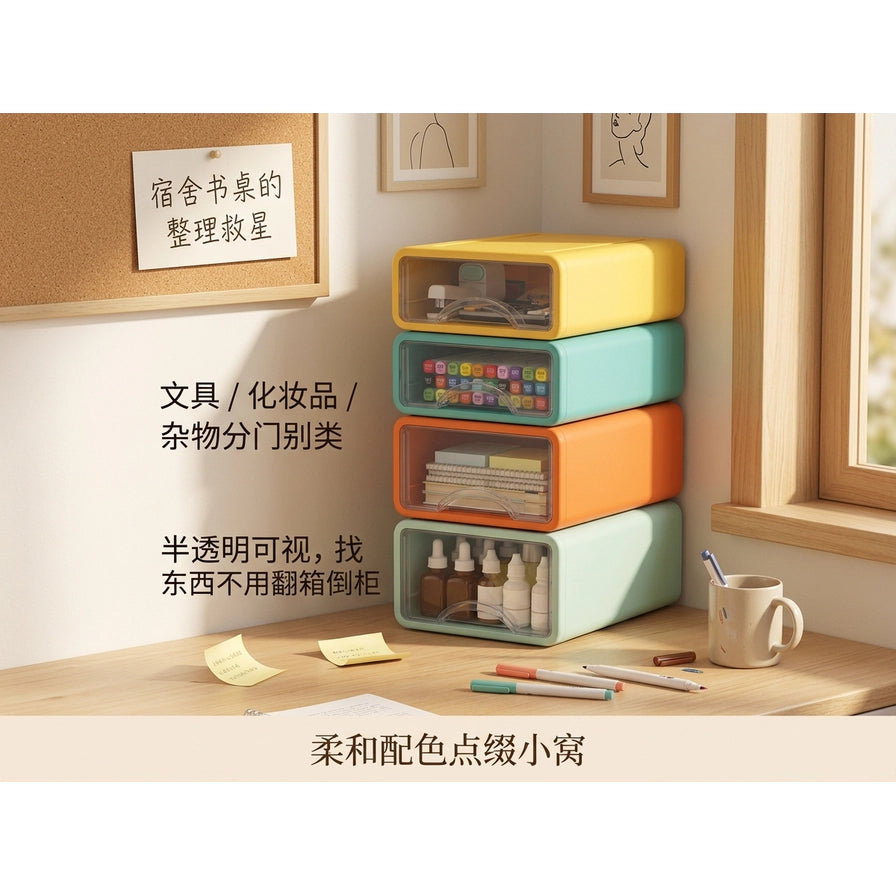 收纳盒置于窗边书桌，配有中文说明文字，展示半透明可视功能和分类收纳效果。