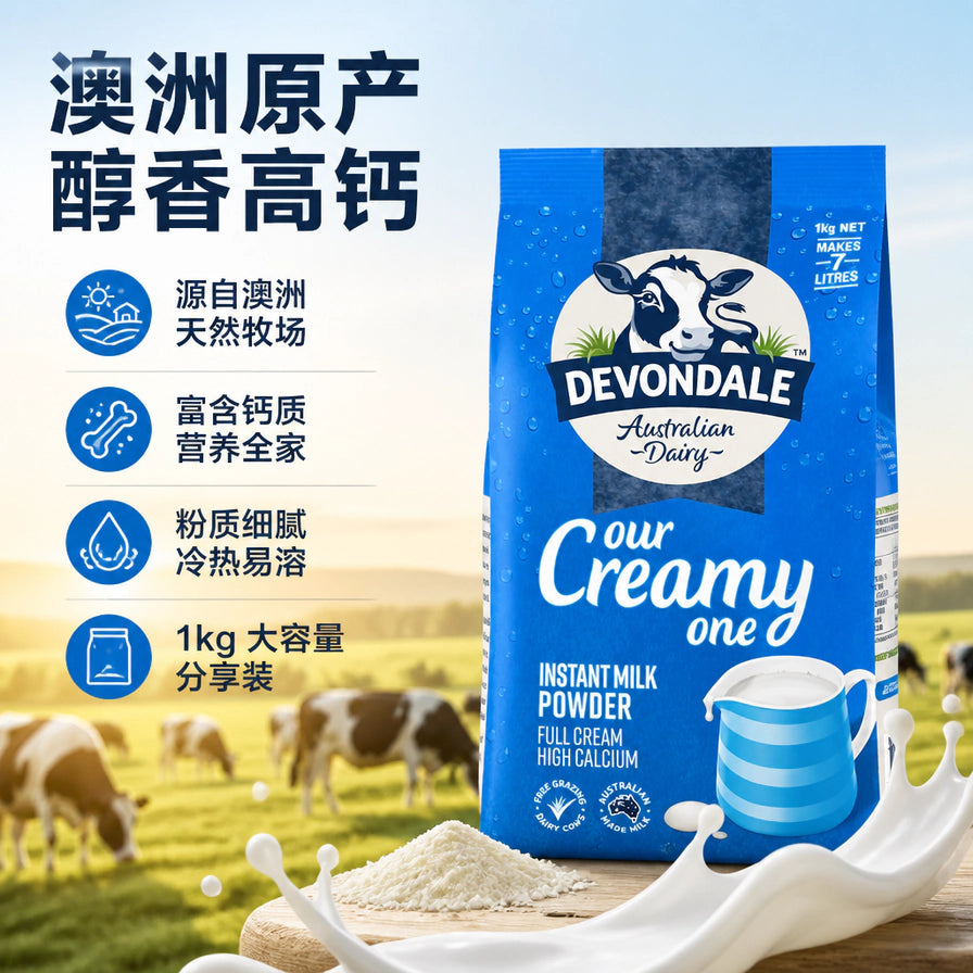 德运全脂奶粉包装及冲泡出的奶粉堆，背景为澳洲天然牧场奶牛群，左侧有中文产品优势说明