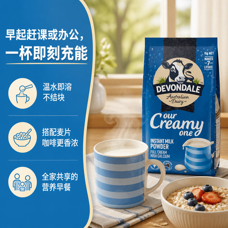 德运全脂奶粉与冲泡好的热牛奶、燕麦粥摆放在一起的早餐场景图。