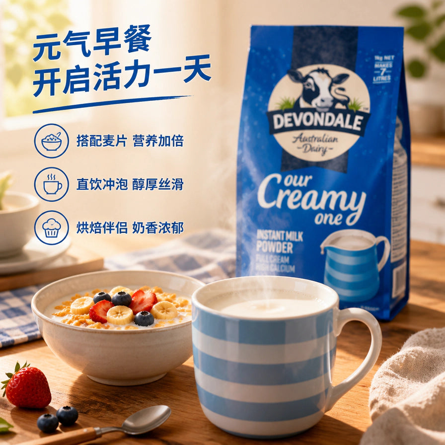 德运全脂奶粉早餐场景图，包含一碗麦片水果和一杯热牛奶，左侧有中文早餐搭配建议