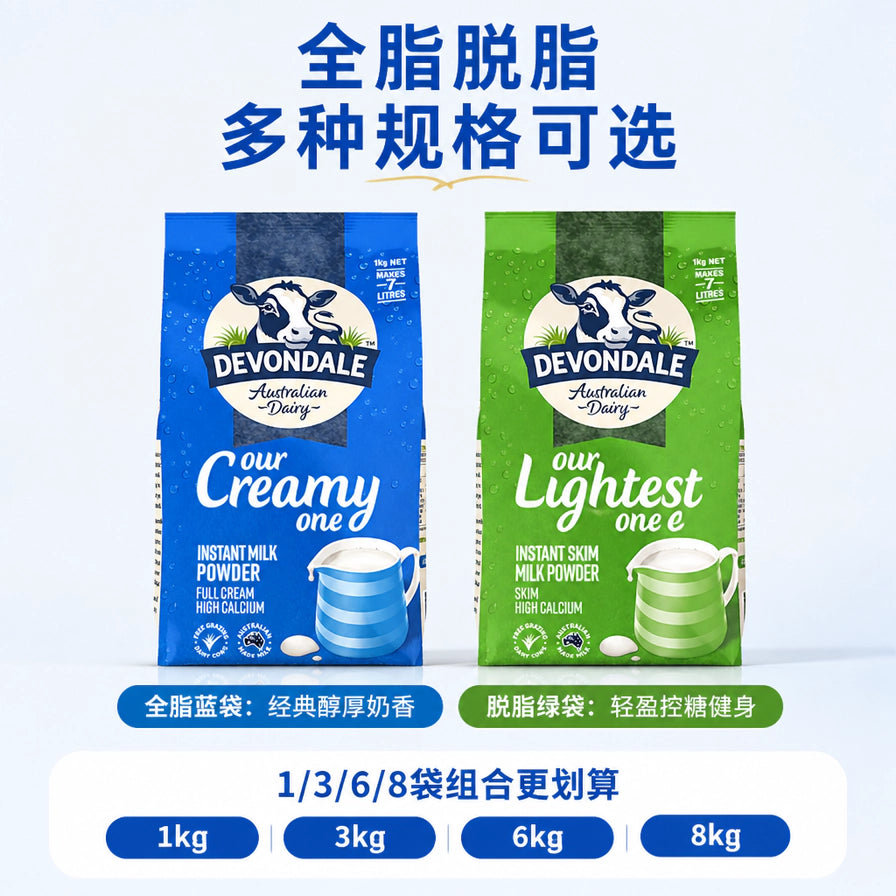 德运全脂蓝袋与脱脂绿袋对比图，下方标注1袋、3袋、6袋、8袋多种规格可选