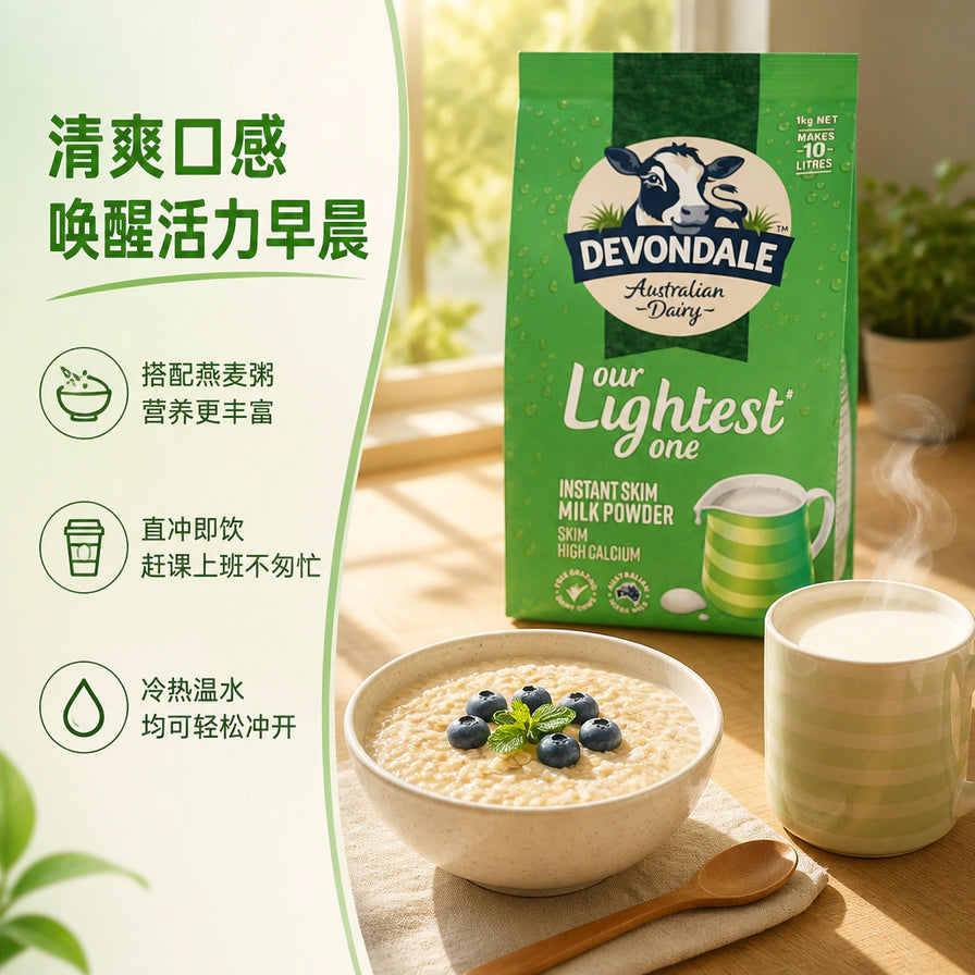 德运脱脂奶粉生活场景图，背景为燕麦粥和一杯冲泡好的牛奶，配有清爽口感、唤醒活力早晨中文说明。
