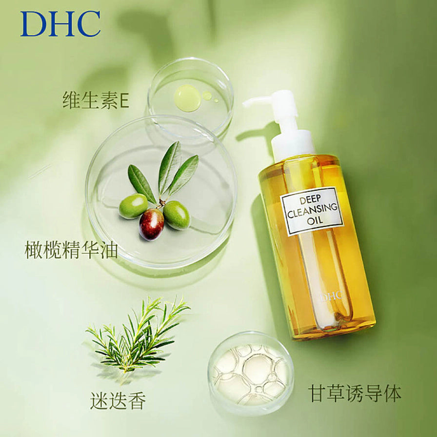 DHC橄榄卸妆油成分展示图，包含橄榄精华油、维生素E、迷迭香和甘草诱导体的文字说明及对应原料展示。