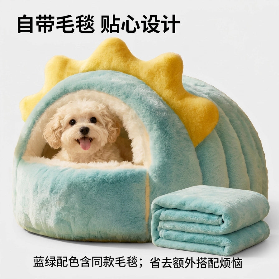 蓝绿配色宠物狗窝旁整齐叠放着同款毛毯，上方配有“自带毛毯 贴心设计”及“省去额外搭配烦恼”的中文说明文字。