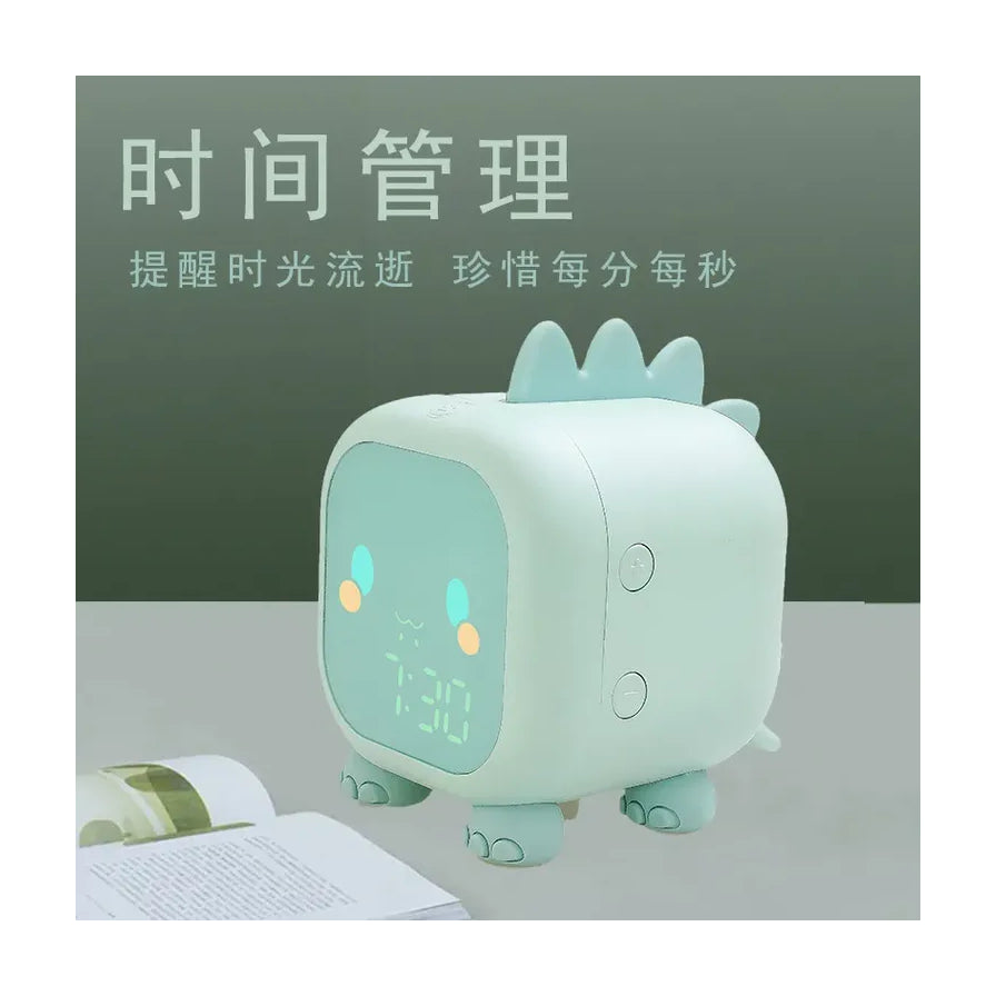 恐龙闹钟摆放在书本旁，背景带有时间管理宣传文字。