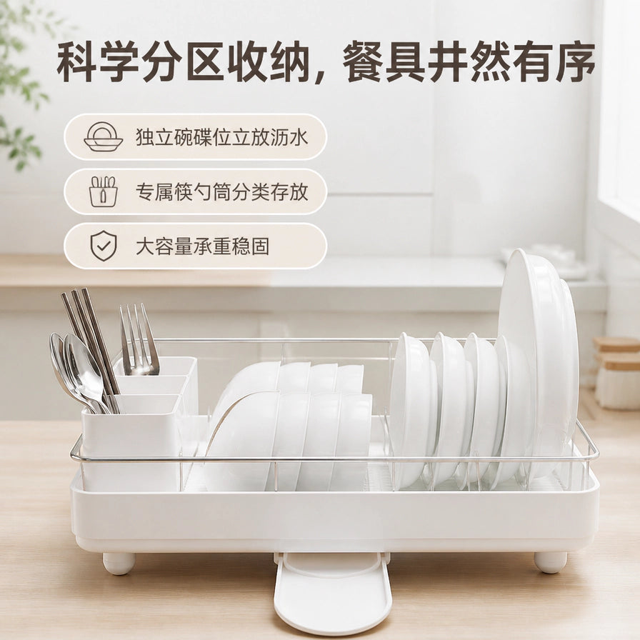 侧面视角展示沥水架的分区收纳功能，包含独立碗碟位和筷勺筒，配有中文卖点文字说明。