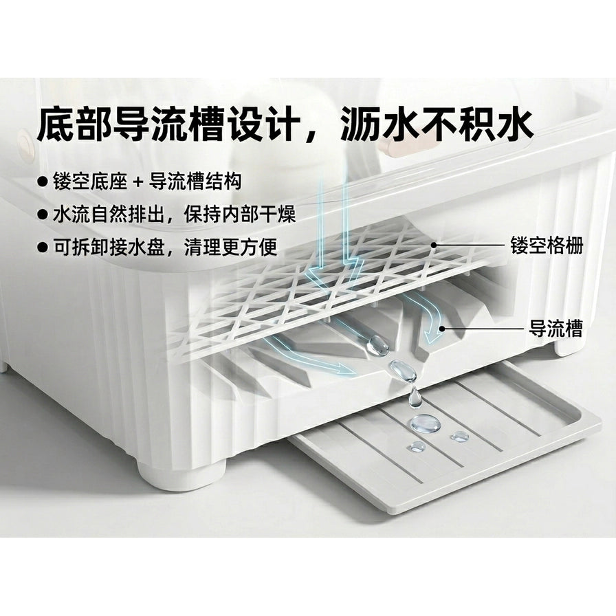 收纳盒底部导流槽设计特写，配有中文文字说明“底部导流槽设计，沥水不积水”及水流示意图。