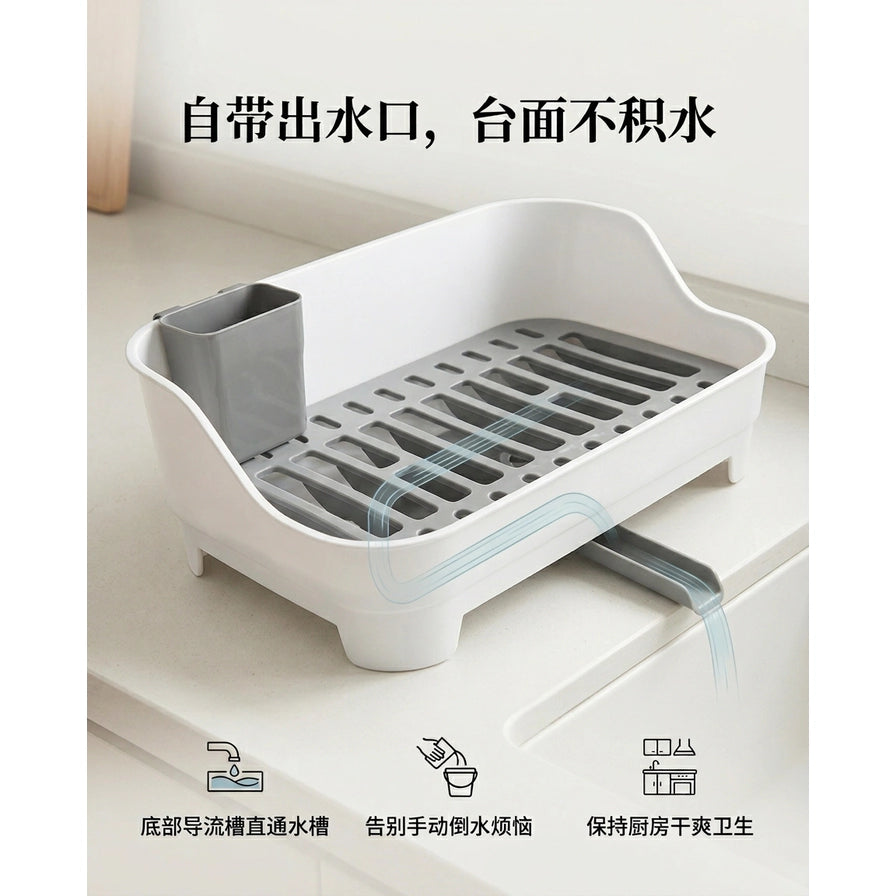 厨房台面上的碗筷架示意图，配有蓝色水流线条展示导流功能，顶部和底部包含中文卖点说明文字。